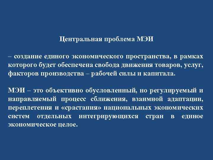 Центральная проблема МЭИ – создание единого экономического пространства, в рамках которого будет обеспечена свобода