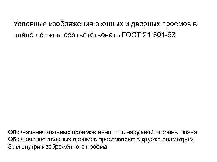 Условные изображения оконных и дверных проемов в плане должны соответствовать ГОСТ 21. 501 -93