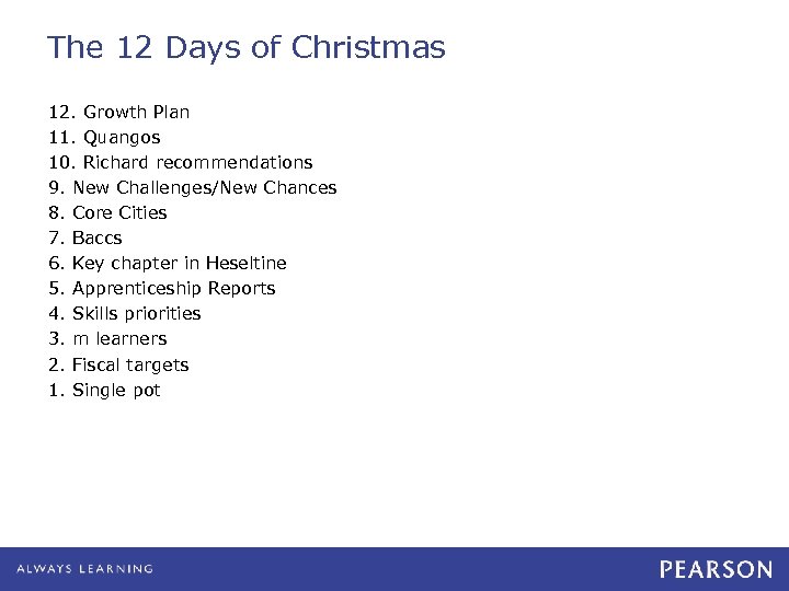 The 12 Days of Christmas 12. Growth Plan 11. Quangos 10. Richard recommendations 9.