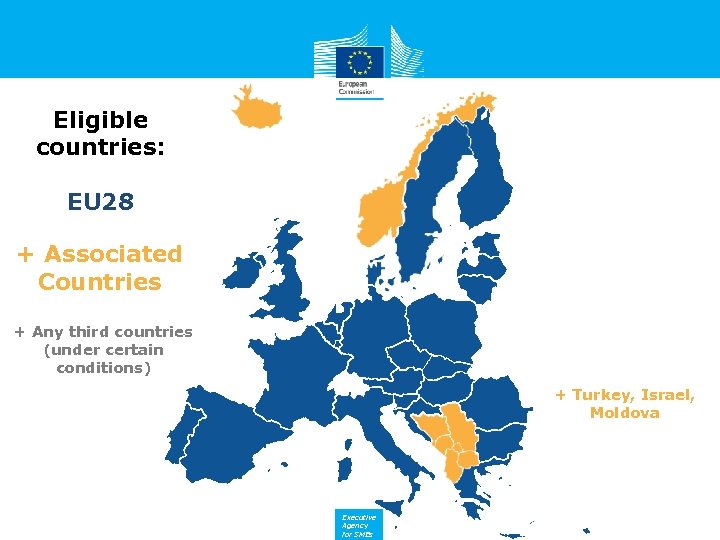Eligible countries: EU 28 + Associated Countries + Any third countries (under certain conditions)