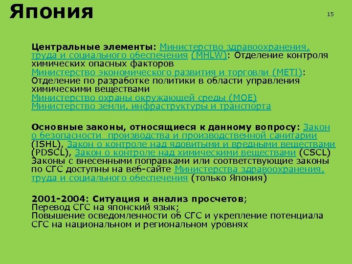 Япония 15 Центральные элементы: Министерство здравоохранения, труда и социального обеспечения (MHLW): Отделение контроля химических