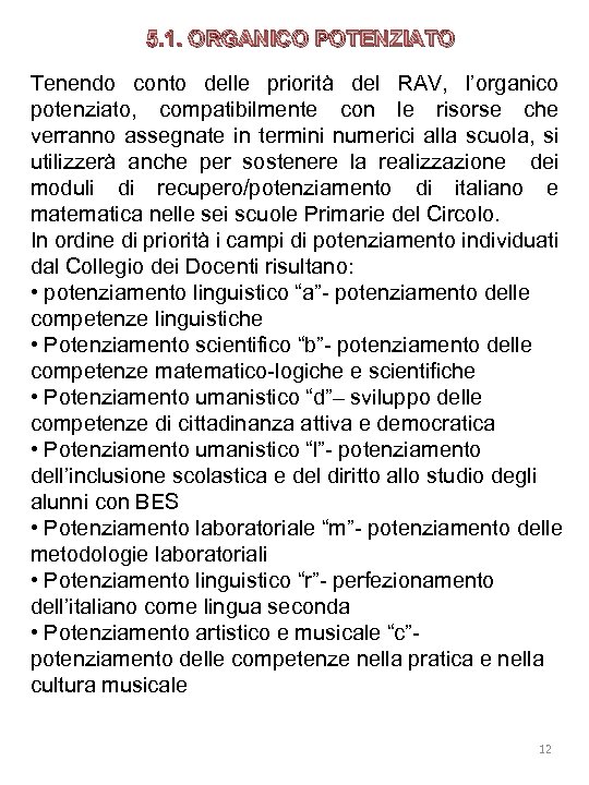 5. 1. ORGANICO POTENZIATO Tenendo conto delle priorità del RAV, l’organico potenziato, compatibilmente con