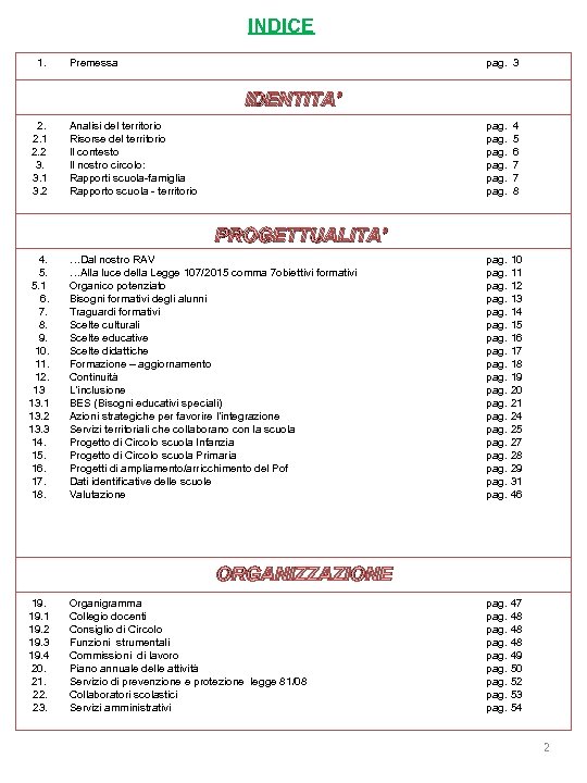 INDICE 1. Premessa pag. 3 IDENTITA’ 2. 1 2. 2 3. 1 3. 2