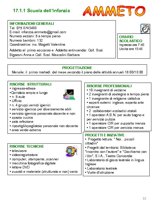 17. 1. 1 Scuola dell’Infanzia INFORMAZIONI GENERALI Tel. 075 8743498 E-mail: infanzia. ammeto@gmail. com