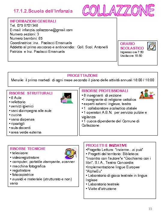 17. 1. 2. Scuola dell’Infanzia INFORMAZIONI GENERALI Tel. 075 8701346 E-mail: infanzia. collazzone@gmail. com