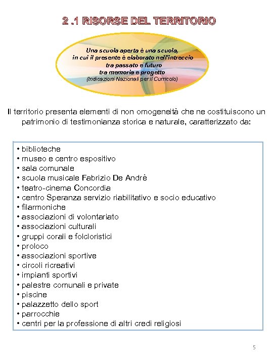 2. 1 RISORSE DEL TERRITORIO Una scuola aperta è una scuola, in cui il