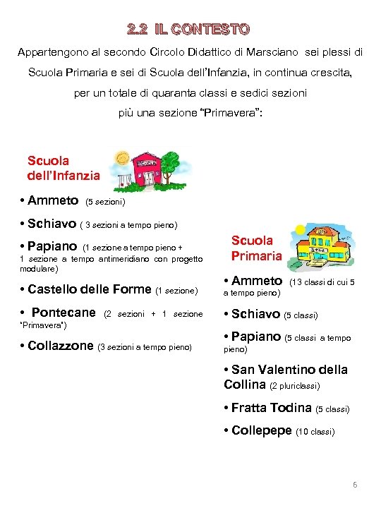 2. 2 IL CONTESTO Appartengono al secondo Circolo Didattico di Marsciano sei plessi di