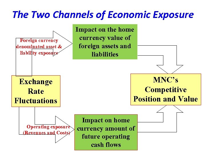 The Two Channels of Economic Exposure Foreign currency denominated asset & liability exposure Exchange