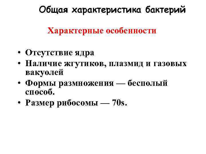 Общая характеристика бактерий Характерные особенности • Отсутствие ядра • Наличие жгутиков, плазмид и газовых