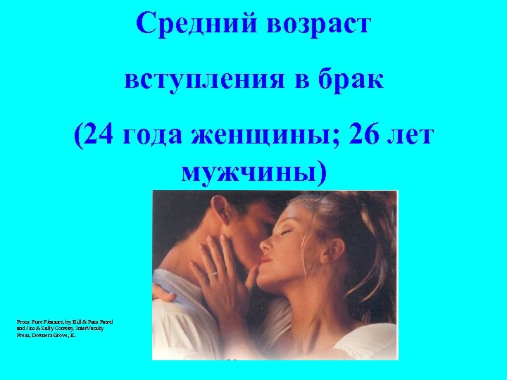 Средний возраст вступления в брак (24 года женщины; 26 лет мужчины) From: Pure Pleasure,