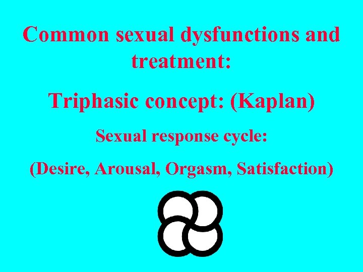 Common sexual dysfunctions and treatment: Triphasic concept: (Kaplan) Sexual response cycle: (Desire, Arousal, Orgasm,
