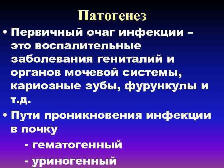 Патогенез • Первичный очаг инфекции – это воспалительные заболевания гениталий и органов мочевой системы,