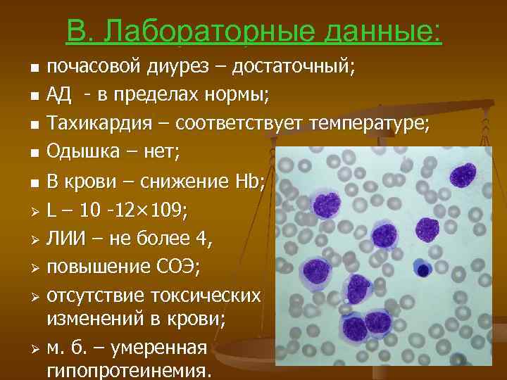 В. Лабораторные данные: почасовой диурез – достаточный; n АД - в пределах нормы; n