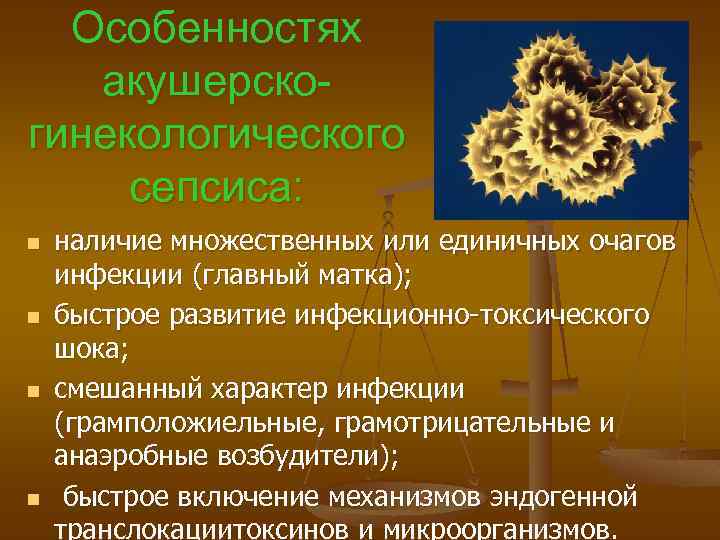 Особенностях акушерскогинекологического сепсиса: n n наличие множественных или единичных очагов инфекции (главный матка); быстрое