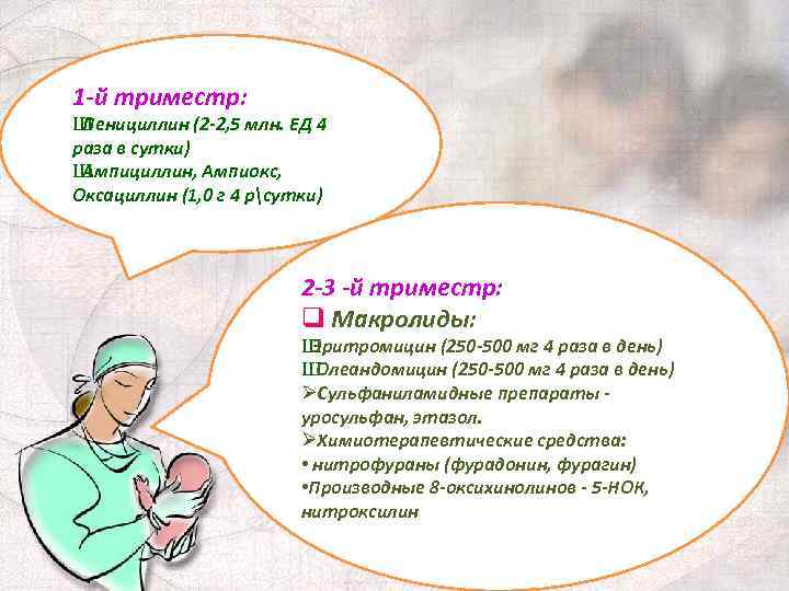 1 -й триместр: Ш Пенициллин (2 -2, 5 млн. ЕД 4 раза в сутки)