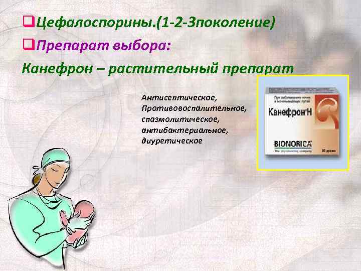 q. Цефалоспорины. (1 -2 -3 поколение) q. Препарат выбора: Канефрон – растительный препарат Антисептическое,