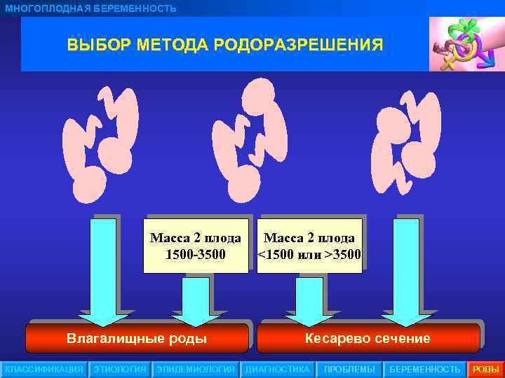 МНОГОПЛОДНАЯ БЕРЕМЕННОСТЬ ВЫБОР МЕТОДА РОДОРАЗРЕШЕНИЯ Масса 2 плода 1500 -3500 Влагалищные роды КЛАССИФИКАЦИЯ ЭТИОЛОГИЯ
