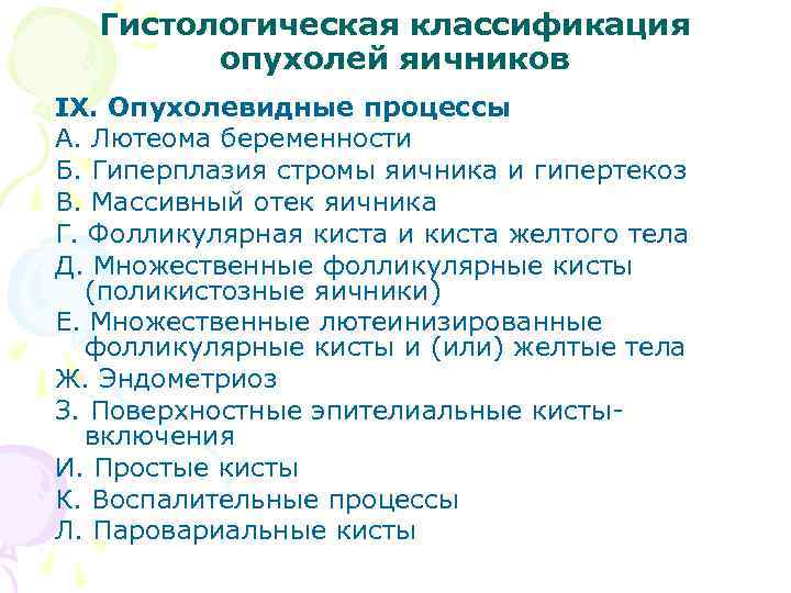 Гистологическая классификация опухолей яичников IX. Опухолевидные процессы А. Лютеома беременности Б. Гиперплазия стромы яичника