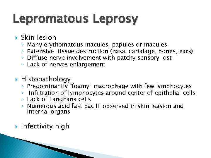 Lepromatous Leprosy Skin lesion Histopathology Infectivity high ◦ ◦ ◦ ◦ Many erythomatous macules,