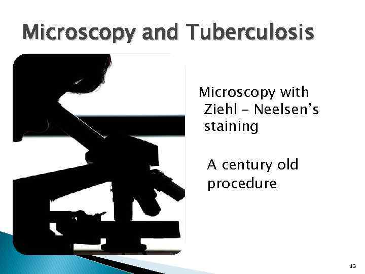 Microscopy and Tuberculosis Microscopy with Ziehl – Neelsen’s staining A century old procedure 13