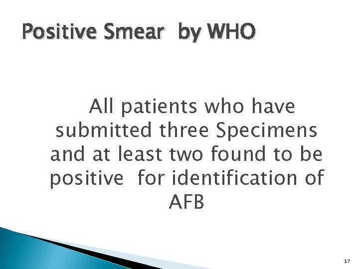 Positive Smear by WHO All patients who have submitted three Specimens and at least