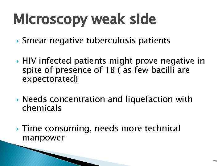 Microscopy weak side Smear negative tuberculosis patients HIV infected patients might prove negative in