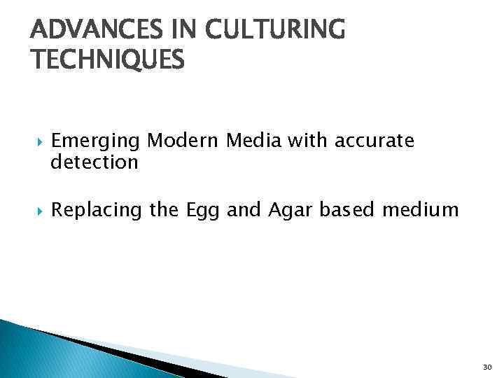 ADVANCES IN CULTURING TECHNIQUES Emerging Modern Media with accurate detection Replacing the Egg and