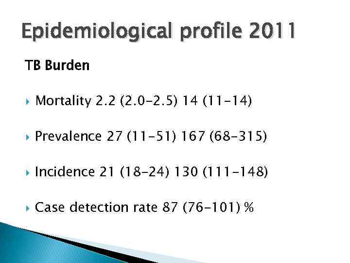 Epidemiological profile 2011 TB Burden Mortality 2. 2 (2. 0 -2. 5) 14 (11