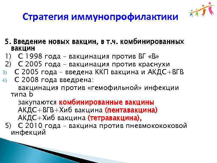 Стратегия иммунопрофилактики 5. Введение новых вакцин, в т. ч. комбинированных вакцин 1) С 1998