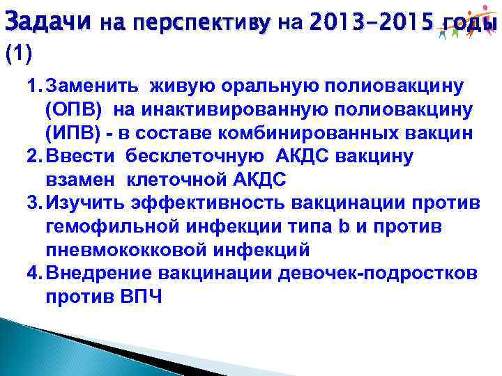 Задачи на перспективу на 2013 -2015 годы (1) 1. Заменить живую оральную полиовакцину (ОПВ)