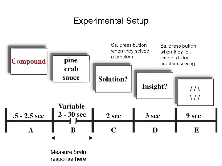 Experimental Setup Ss. press button when they solved a problem Measure brain response here