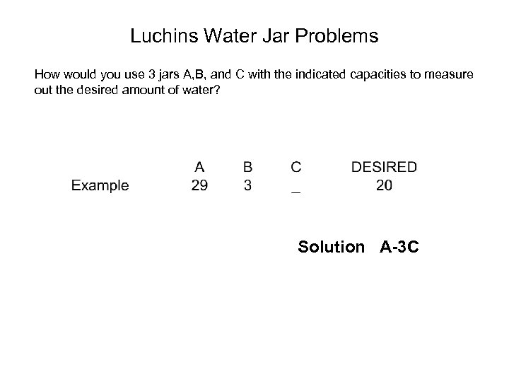 Luchins Water Jar Problems How would you use 3 jars A, B, and C