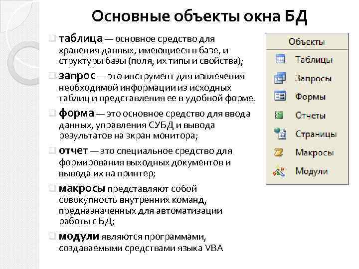 Основные объекты окна БД q таблица — основное средство для хранения данных, имеющиеся в