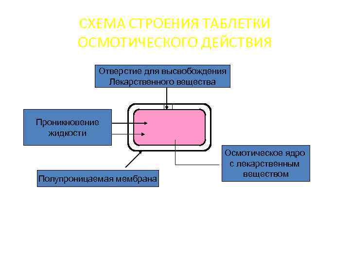 СХЕМА СТРОЕНИЯ ТАБЛЕТКИ ОСМОТИЧЕСКОГО ДЕЙСТВИЯ Отверстие для высвобождения Лекарственного вещества Проникновение жидкости Полупроницаемая мембрана