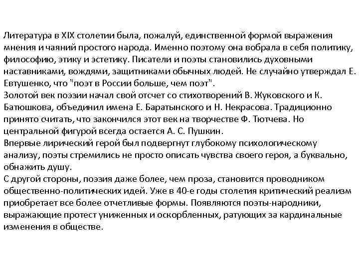 Литература в XIX столетии была, пожалуй, единственной формой выражения мнения и чаяний простого народа.