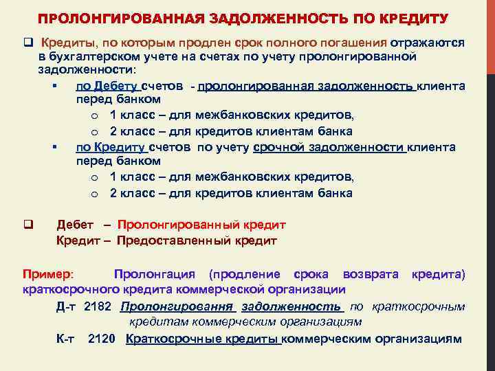 ПРОЛОНГИРОВАННАЯ ЗАДОЛЖЕННОСТЬ ПО КРЕДИТУ q Кредиты, по которым продлен срок полного погашения отражаются в