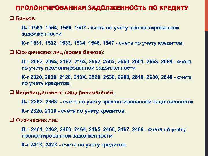 ПРОЛОНГИРОВАННАЯ ЗАДОЛЖЕННОСТЬ ПО КРЕДИТУ q Банков: Д-т 1563, 1564, 1566, 1567 - счета по