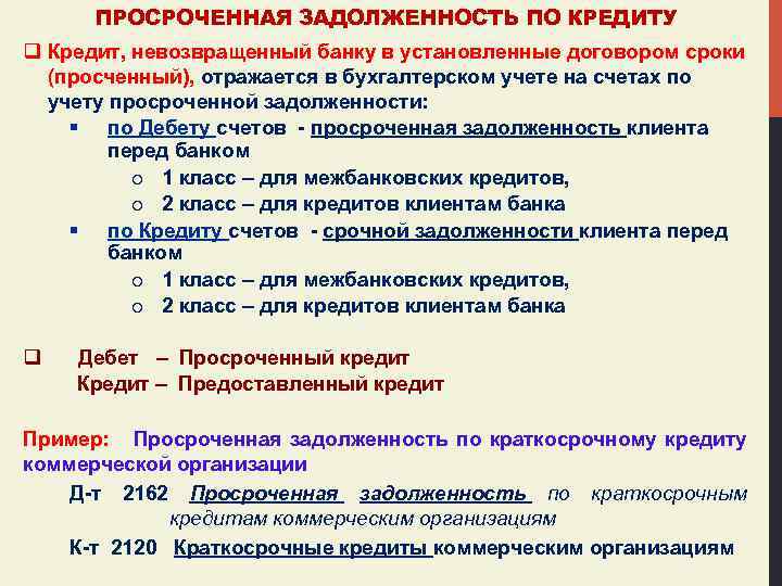 ПРОСРОЧЕННАЯ ЗАДОЛЖЕННОСТЬ ПО КРЕДИТУ q Кредит, невозвращенный банку в установленные договором сроки (просченный), отражается