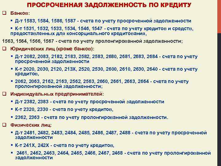 ПРОСРОЧЕННАЯ ЗАДОЛЖЕННОСТЬ ПО КРЕДИТУ q Банков: § Д-т 1583, 1584, 1586, 1587 - счета