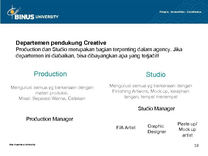 Departemen pendukung Creative Production dan Studio merupakan bagian terpenting dalam agency. Jika departemen ini