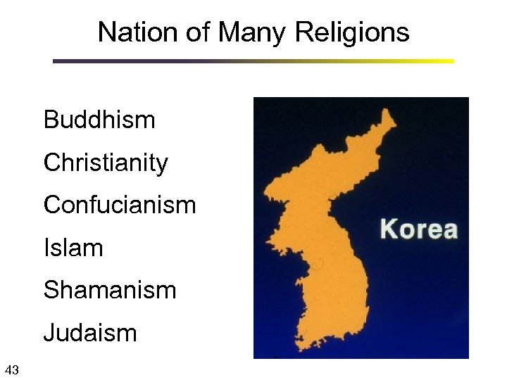 Nation of Many Religions Buddhism Christianity Confucianism Islam Shamanism Judaism 43 