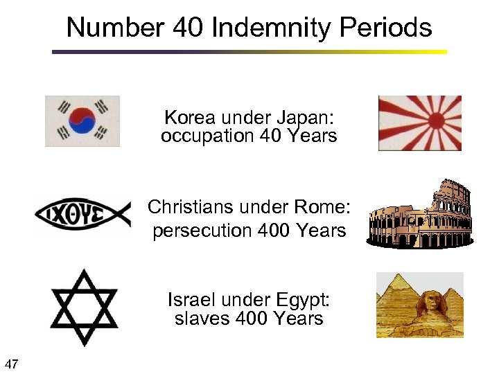 Number 40 Indemnity Periods Korea under Japan: occupation 40 Years Christians under Rome: persecution