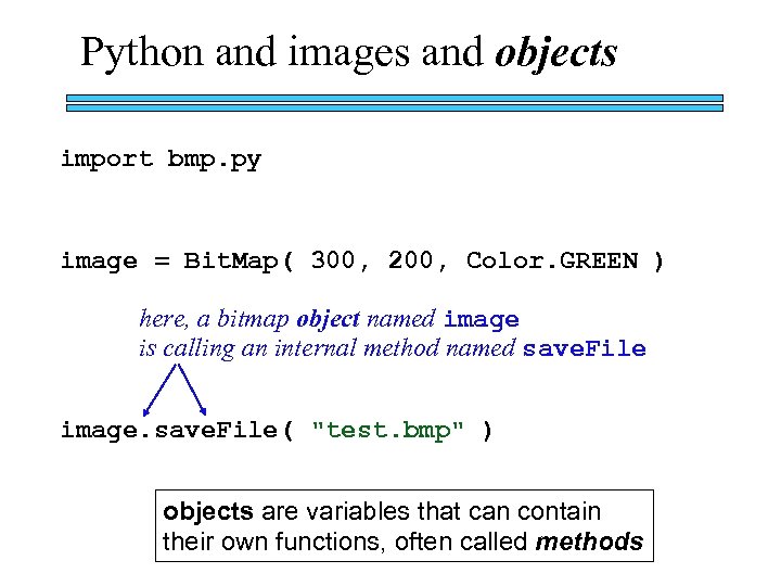 Python and images and objects import bmp. py image = Bit. Map( 300, 200,