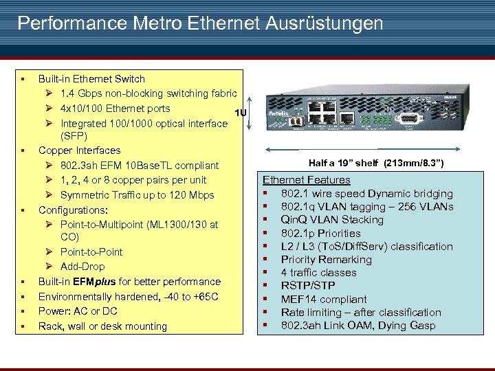 Performance Metro Ethernet Ausrüstungen § § § § Built-in Ethernet Switch Ø 1. 4