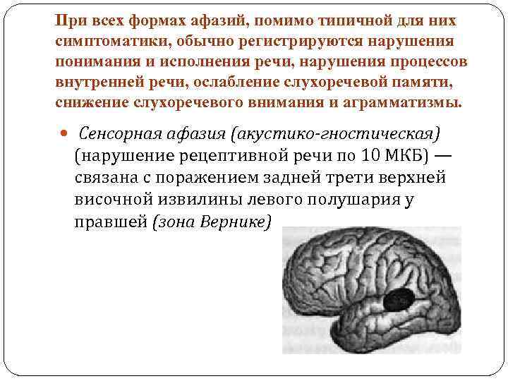 При всех формах афазий, помимо типичной для них симптоматики, обычно регистрируются нарушения понимания и