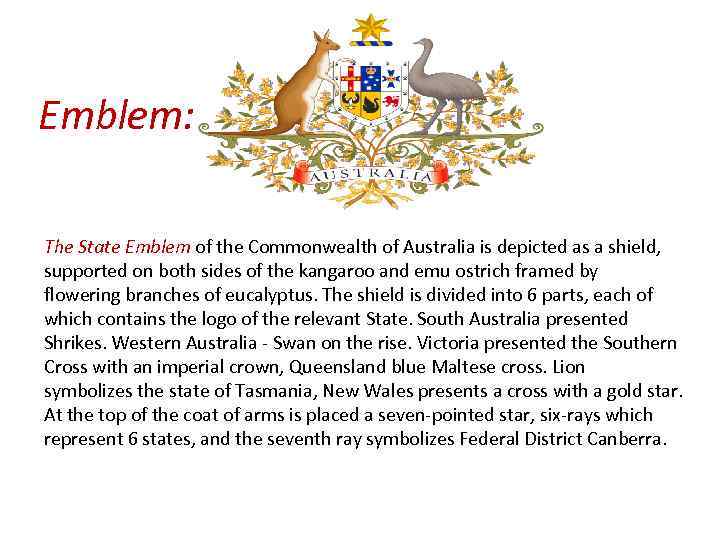 Emblem: The State Emblem of the Commonwealth of Australia is depicted as a shield,