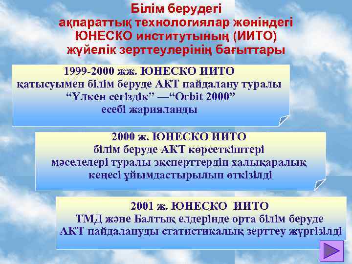 Білім берудегі ақпараттық технологиялар жөніндегі ЮНЕСКО институтының (ИИТО) жүйелік зерттеулерінің бағыттары 1999 -2000 жж.