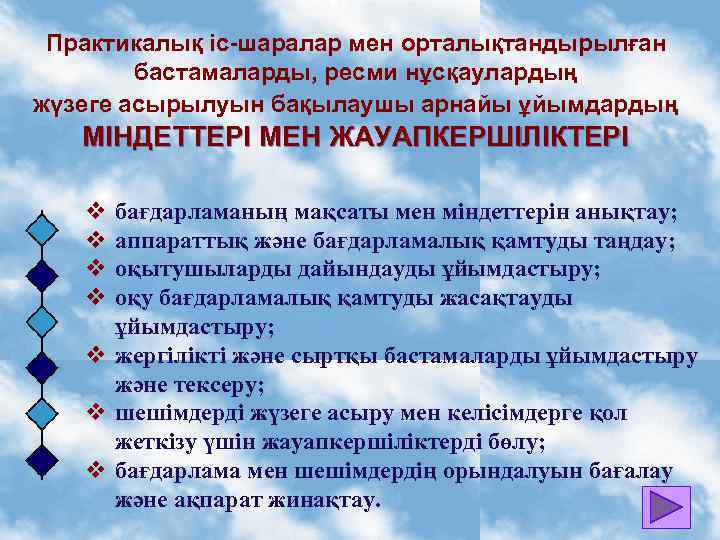 Практикалық іс-шаралар мен орталықтандырылған бастамаларды, ресми нұсқаулардың жүзеге асырылуын бақылаушы арнайы ұйымдардың МІНДЕТТЕРІ МЕН