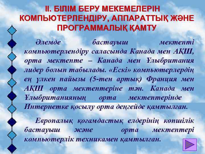 II. БІЛІМ БЕРУ МЕКЕМЕЛЕРІН КОМПЬЮТЕРЛЕНДІРУ, АППАРАТТЫҚ ЖӘНЕ ПРОГРАММАЛЫҚ ҚАМТУ Әлемде бастауыш мектепті компьютерлендіру саласында