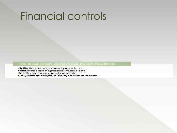 Financial controls Financial ratio analysis examines the relationship between specific figures on the financial